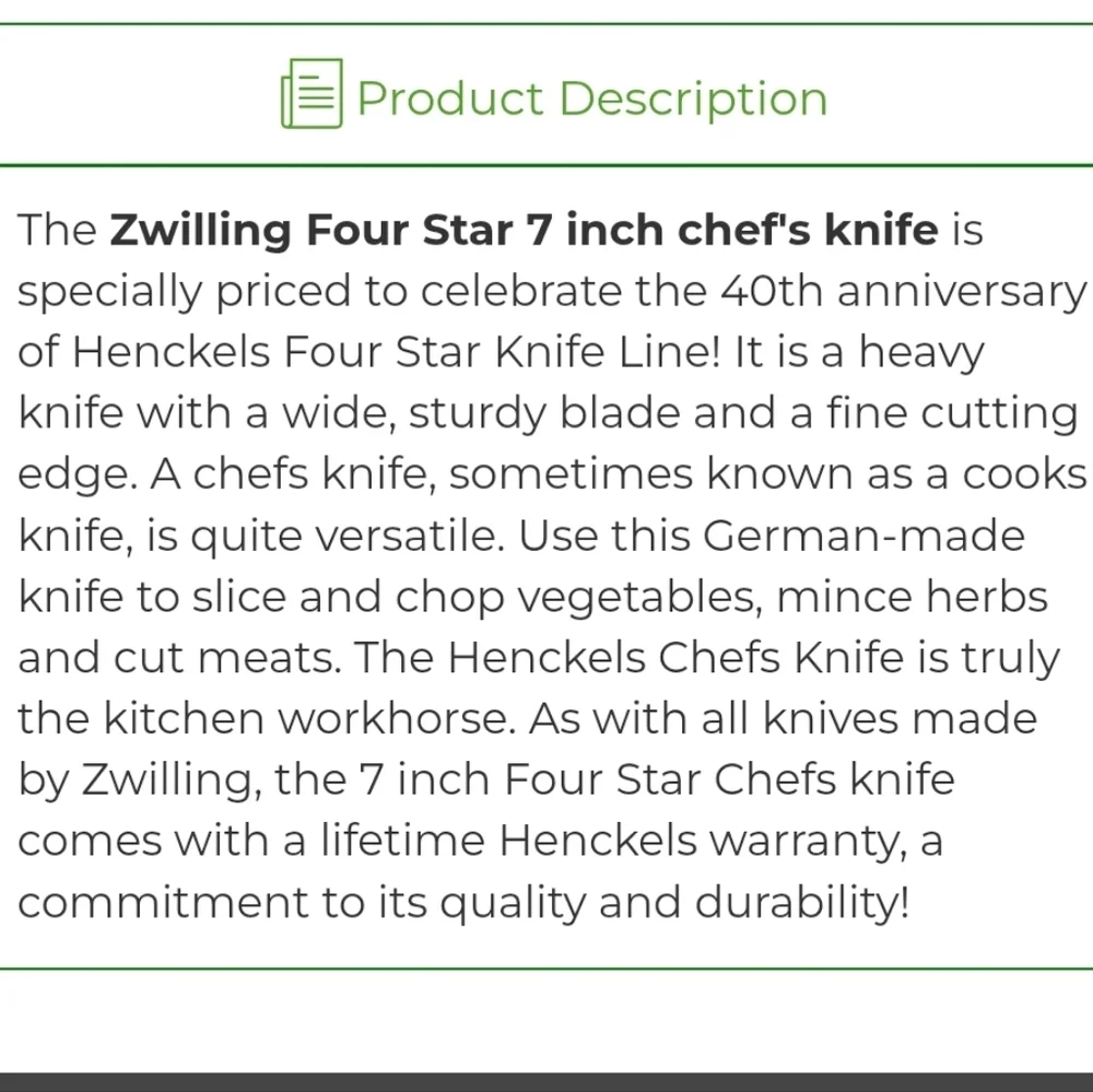 ❤️BUY 2 GET 1 FREE Zwilling Four Star 7 inch Chef's Knife, Retail Price $129.95